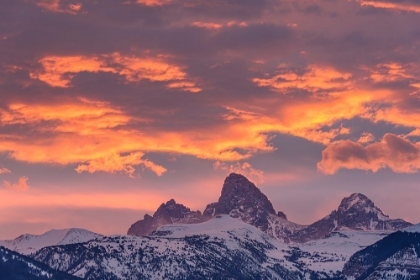 Picture of USA-WYOMING. ORANGE SUNSET AND LANDSCAPE OF TABLE-GRAND AND MIDDLE TETON AND MT. OWEN.
