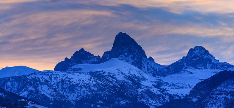 Picture of USA-WYOMING. PANORAMIC SUNSET OF GRAND TETON AND CLOUDS FROM WEST SIDE OF TETONS