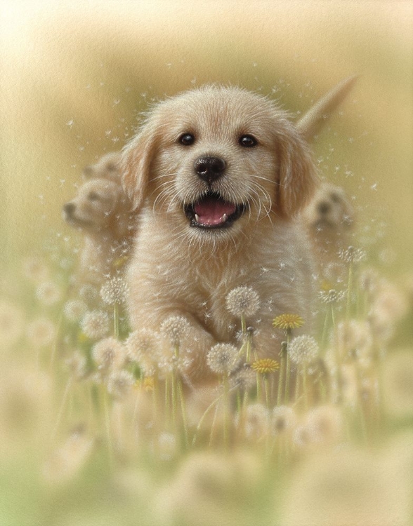 Picture of GOLDEN RETRIEVER PUPPY - DANDELIONS - SQUARE