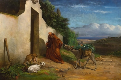 Picture of MONK PULLING DONKEY LADEN WITH BASKETS OF VEGETABLES