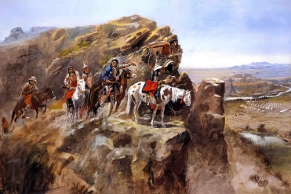 Picture of INDIANS ON A BLUFF SURVEYING GENERAL MILES TROOPS