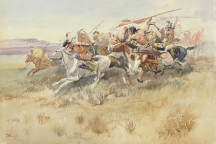 Picture of RUNNING FIGHT BETWEEN CREES AND BLACKFEET, OLD STYLE WARFARE 1895