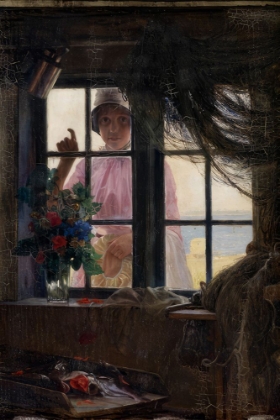 Picture of AFTER THE BATH A YOUNG GIRL KNOCKING AT THE FISHERMANS WINDOW