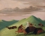 Picture of BUFFALO CHASE|BULL PROTECTING A COW AND CALF