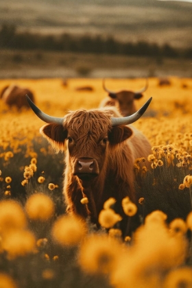 Picture of HIGHLAND COWS IN FLOWER FIELD