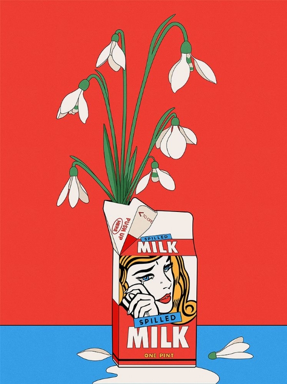 Picture of SNOWDROPS IN SPILLED MILK CARTON RETRO ILLUSTRATION