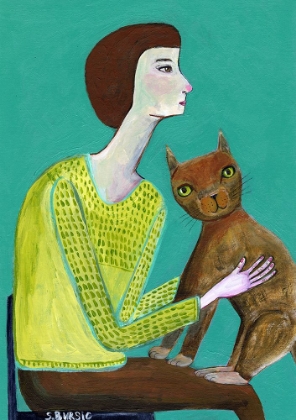 Picture of LADY SITTING WITH BROWN CAT CAT LOVER