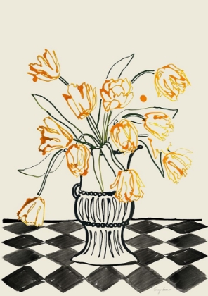 Picture of ORANGE TULIPS IN A VASE WITH CHECKERED DIAMONDS