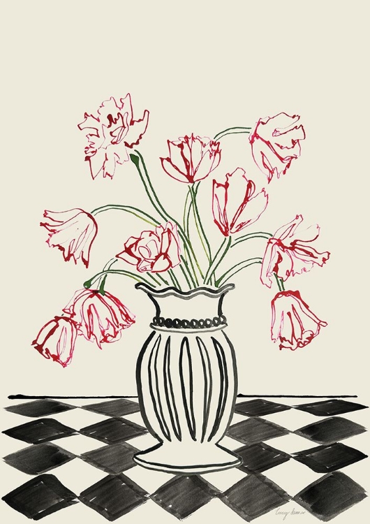 Picture of PINK TULIPS IN A VASE WITH CHECKERED DIAMONDS