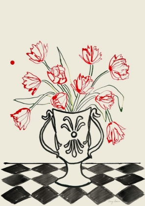 Picture of RED TULIPS IN A VASE WITH CHECKERED DIAMONDS