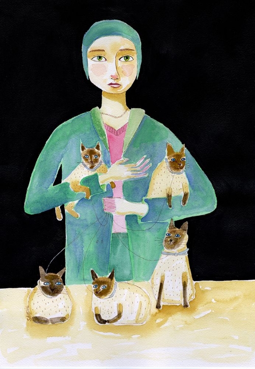 Picture of LADY WITH FIVE SIAMESE CATS