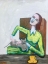 Picture of LADY TICKLING GREY CAT IN CHAIR