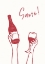Picture of HANDS HOLDING A WINE BOTTLE AND A WINE GLASS WITH THE TEXT QCHEERS!Q IN FRENCH