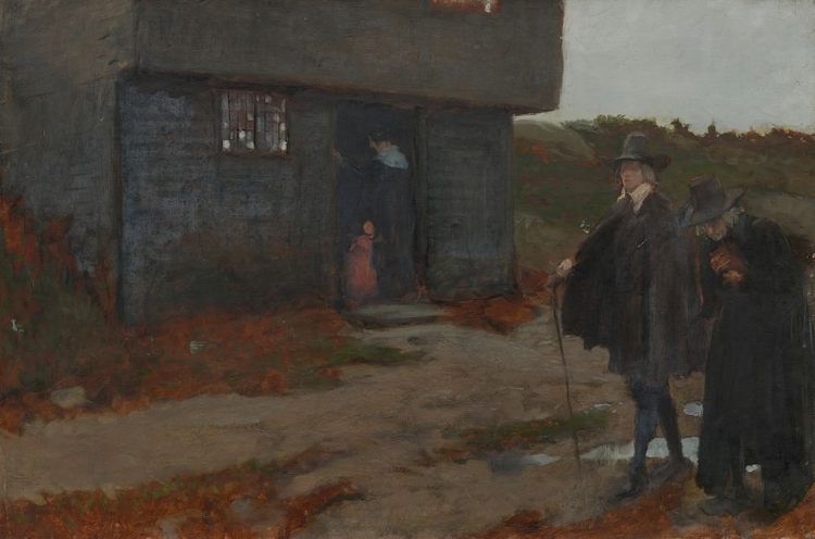 Picture of AT THE COTTAGE DOOR 17TH CENTURY NEW ENGLAND SCENE