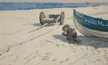 Picture of BEACH SCENE WITH MAN RESTING IN SHADOW OF BOAT