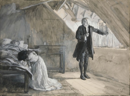 Picture of BESIDE THE BED WHERE PARTING LIFE WAS LAID, ILLUSTRATION FOR OLIVER GOLDSMITHS THE DESERTED VILLAGE