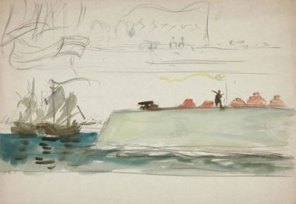 Picture of BOATS AT SEA, BATTLESHIP FOREGROUND, SAILBOAT IN DISTANCE