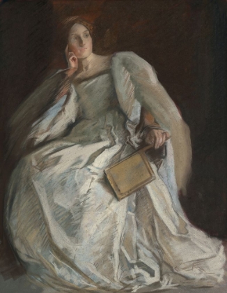 Picture of LADY IN WHITE SEATED. RIGHT HAND TO CHIN. HOLDING FAN
