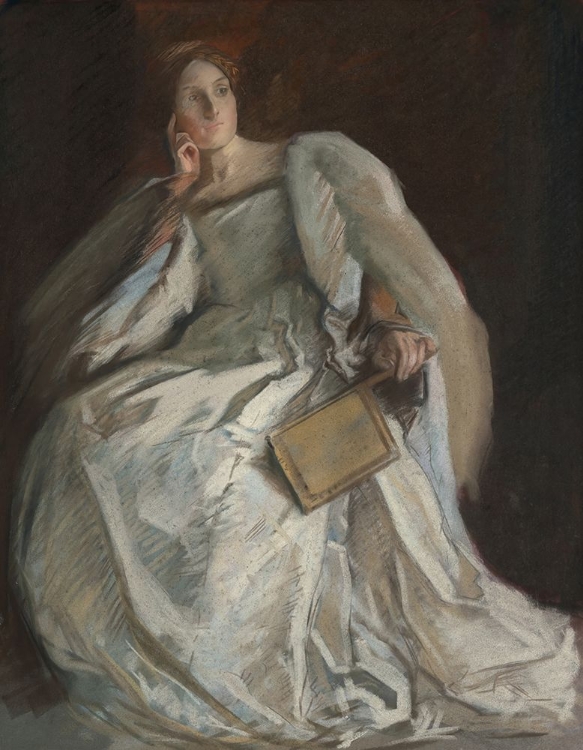 Picture of LADY IN WHITE SEATED. RIGHT HAND TO CHIN. HOLDING FAN
