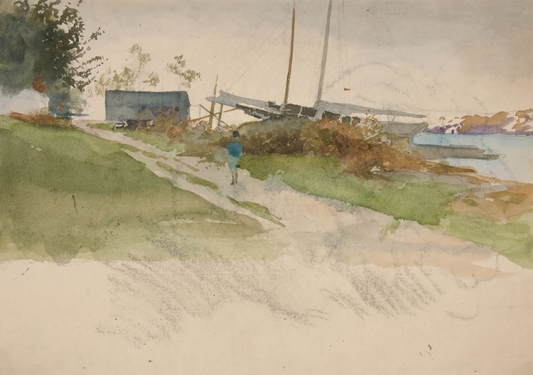 Picture of LANDSCAPE WITH FIGURE WALKING ALONG A PATH, WATER IN DISTANCE