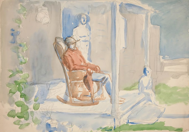 Picture of MAN IN ROCKING CHAIR ON FRONT PORCH WITH HIS WIFE AND CHILD