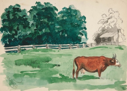 Picture of PASTURE SCENE WITH COW IN FOREGROUND