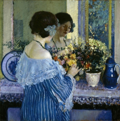 Picture of GIRL IN BLUE ARRANGING FLOWERS 1915