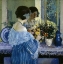 Picture of GIRL IN BLUE ARRANGING FLOWERS 1915