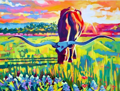 Picture of LONGHORN GRAZING IN BLUEBONNETS