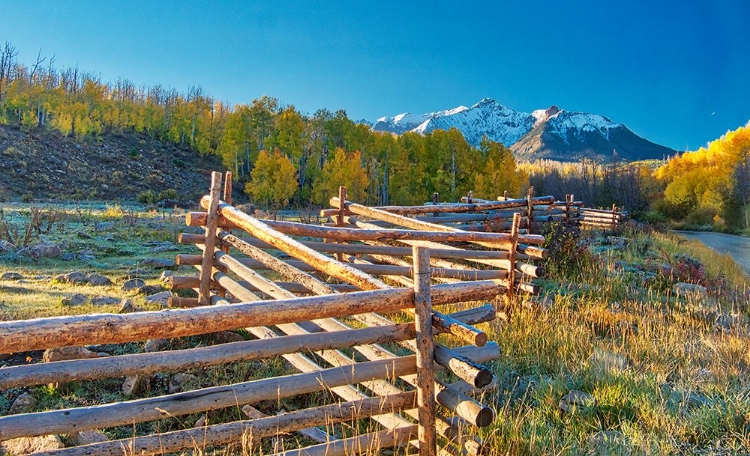 Picture of COLORADO-QURAY DALLAS DIVIDE-SUNRISE ON THE MT SNAFFLES WITH AUTUMN COLORS AND SPLIT RAIL FENCE