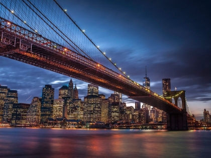 Picture of BROOKLYN BRIDGE AND LOWER MANHATTAN SKYLINE AT DUSK, NEW YORK
