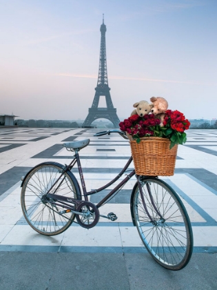 Picture of TEDDY BEARS AND BUNCH OF RED ROSES ON BICYCLE WITH EIFFEL TOWER IN THE BACKGROUND