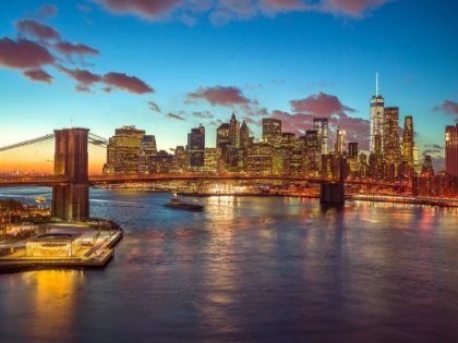 Picture of EVENING VIEW OF LOWER MANHATTAN SKYLINE WITH BROOKLYN BRIDGE OVER EAST RIVER, NEW YORK
