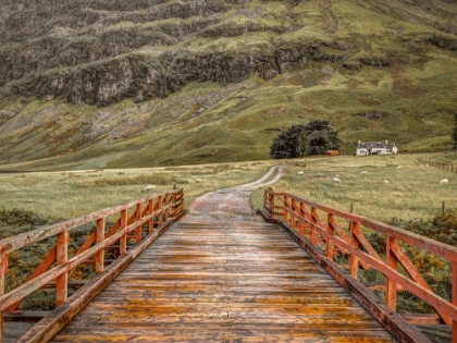 Picture of WOODEN BRIDGE OVER WATER STREAM AT GLEN COE VALLEY, SCOTLAND