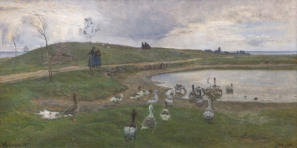 Picture of GEESE AND SHEEP IN THE TOWN FIELD. DRAG EAR BY VIGGO JOHANSEN