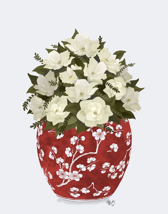 Picture of CHINOISERIE MAGNOLIAS WHITE - RED VASE