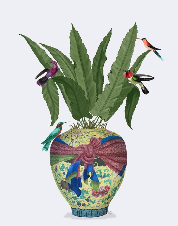 Picture of CHINOISERIE GINGER JAR, BRIGHT RIBBON AND HUMMINGBIRDS