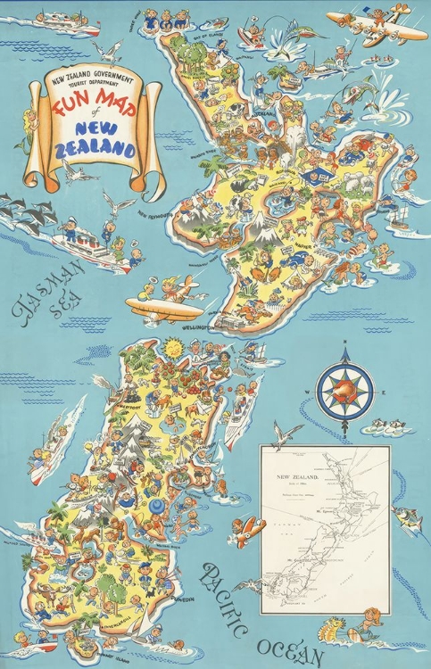 Picture of NEW ZEALAND FUN MAP VINTAGE TRAVEL POSTER