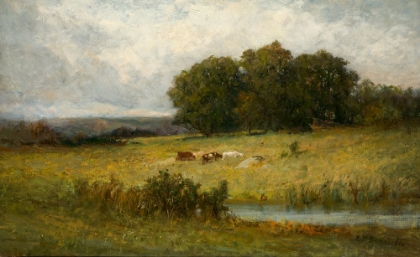 Picture of BRIGHT SCENE OF CATTLE NEAR STREAM