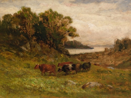 Picture of UNTITLED, FIVE COWS GRAZING WITH TREES AND RIVER IN BACKGROUND