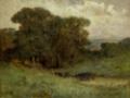 Picture of UNTITLED, FOREST SCENE WITH BRIDGE, COWS IN STREAM IN FOREGROUND 1897