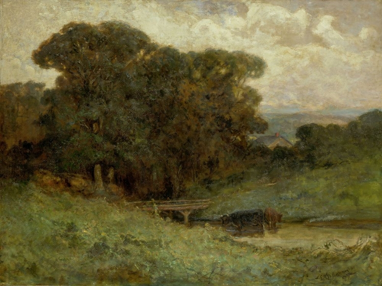 Picture of UNTITLED, FOREST SCENE WITH BRIDGE, COWS IN STREAM IN FOREGROUND 1897
