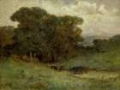 Picture of UNTITLED, FOREST SCENE WITH BRIDGE, COWS IN STREAM IN FOREGROUND 1897