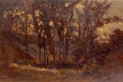 Picture of UNTITLED, FOREST SCENE, FALLEN TREE IN FOREGROUND AND HOUSE IN BACKGROUND 1873