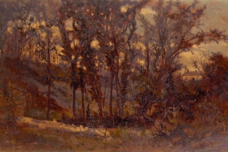 Picture of UNTITLED, FOREST SCENE, FALLEN TREE IN FOREGROUND AND HOUSE IN BACKGROUND 1873