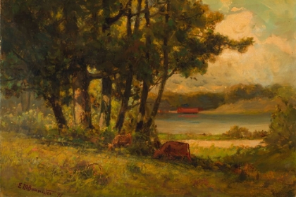 Picture of UNTITLED, LANDSCAPE WITH COWS GRAZING NEAR RIVER