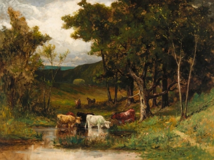 Picture of UNTITLED, LANDSCAPE WITH COWS IN STREAM NEAR TREES 1882