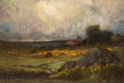 Picture of UNTITLED, LANDSCAPE WITH ROCK IN FOREGROUND AND ROOF WITH STEEPLE, LAKE IN BACKGROUND