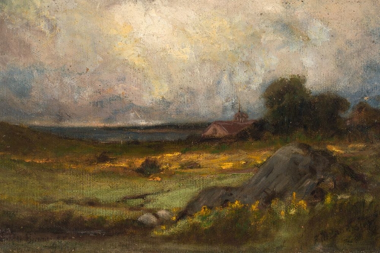 Picture of UNTITLED, LANDSCAPE WITH ROCK IN FOREGROUND AND ROOF WITH STEEPLE, LAKE IN BACKGROUND