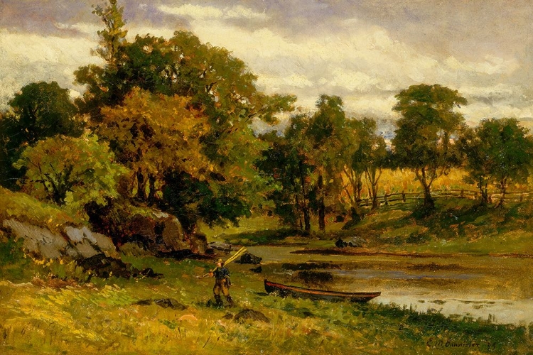 Picture of UNTITLED, LANDSCAPE, BOAT MOORED NEAR STREAM, MAN WALKING IN FOREGROUND 1879